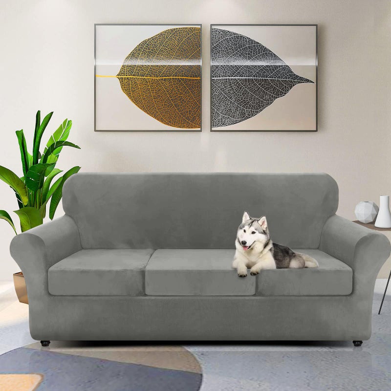 ZNSAYOTX Luxury Velvet Couch Cover 4 Piece (72"-92") Stretch Sofa Covers for 3 Cushion Couch Thick Soft Sofa Slipcover with Non Slip Strap, Dog Pet Friendly Nice Furniture Protector (Grey) - Image 3